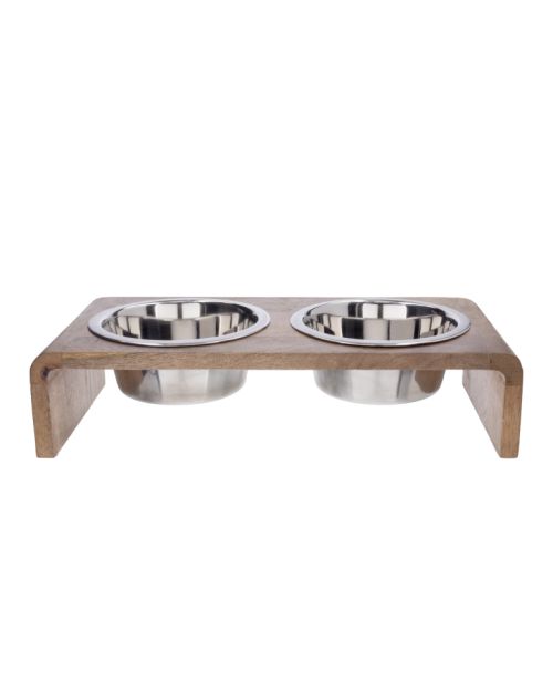 Plato para mascota con base de madera y tazón de metal
