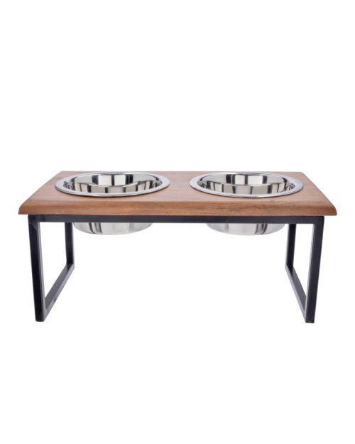 Plato para mascota con base de madera y tazón de metal Iron double