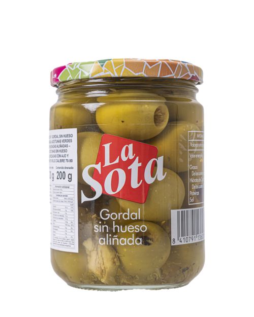 Aceitunas gordal sin hueso aderezadas con ajo y pimiento rojo